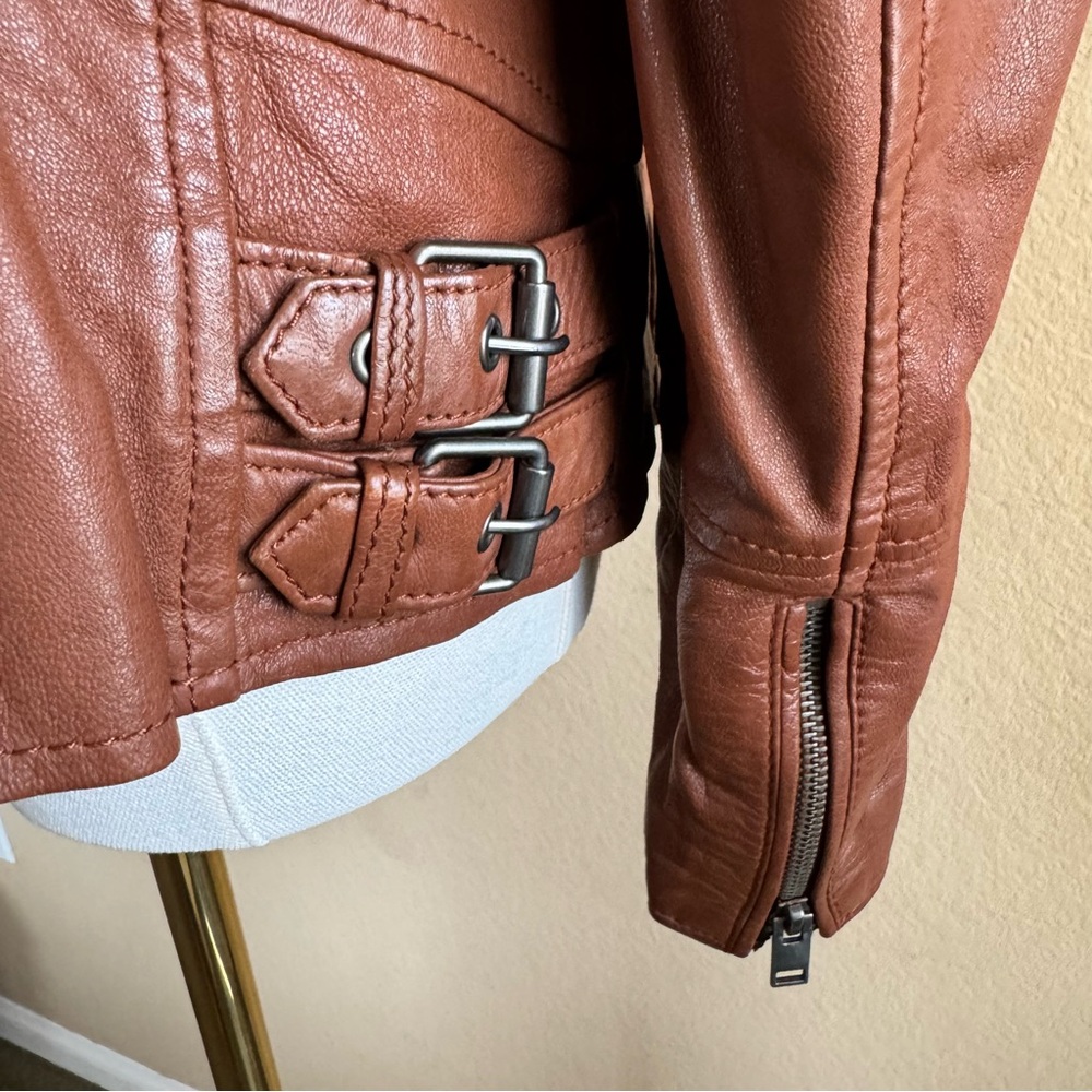 Mauritius Cognac Lamb Leather Moto Jacket Women’s XL Removable Gray Hood - Picture 7 of 16